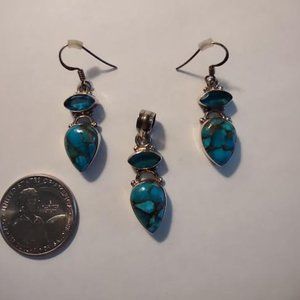 Sterling Silver (Marked) Turquoise and London Blue Topaz Pendant Earring Set